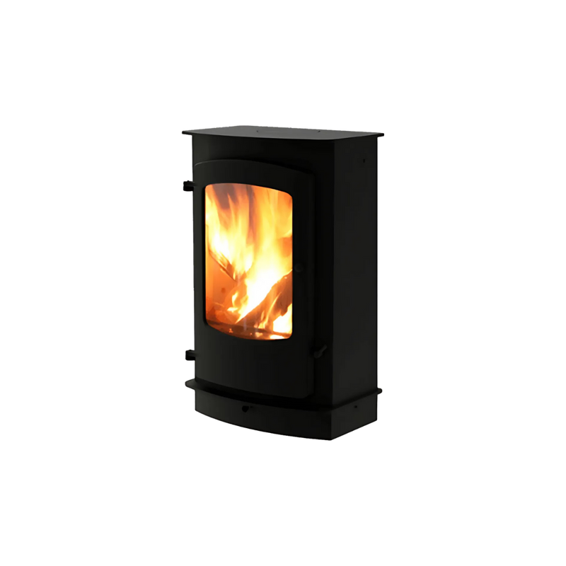 A black Charnwood Cove 3 Low wood stove with a visible fire through the glass door.