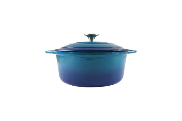 A blue round casserole dish with a lid, made of enamel.