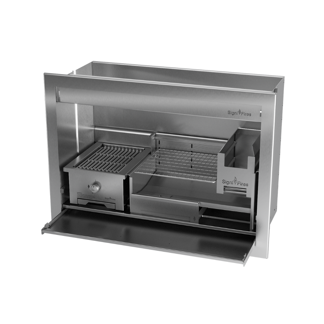 A built-in stainless steel braai grill with a closed lid, set against a white background.