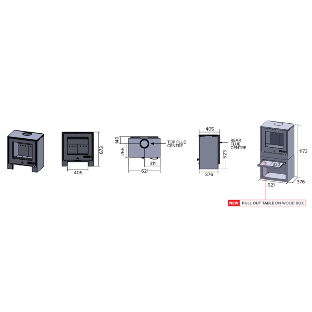 Cube fireplace diagram with measurements and venting details.