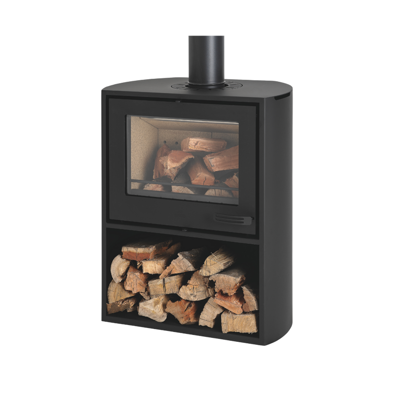 A black freestanding electric fireplace with a visible heating element and artificial logs.