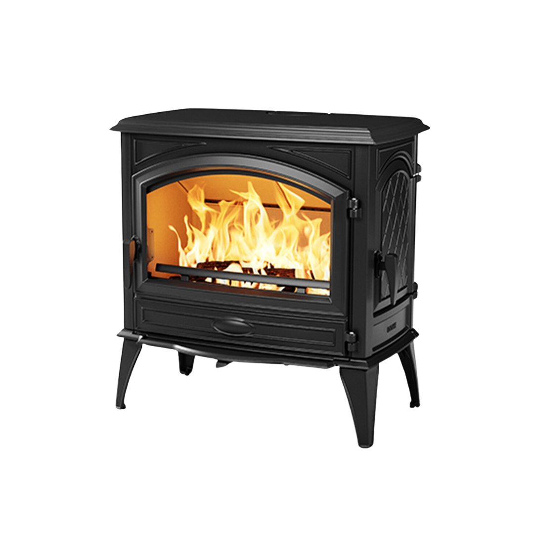 A black freestanding wood-burning fireplace with a side door and visible flames.