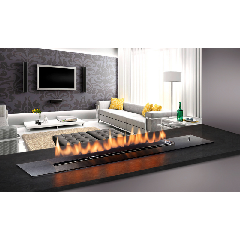 A modern black fireplace insert with a visible flame, installed in a stylish living room with a panoramic window overlooking a body of water.