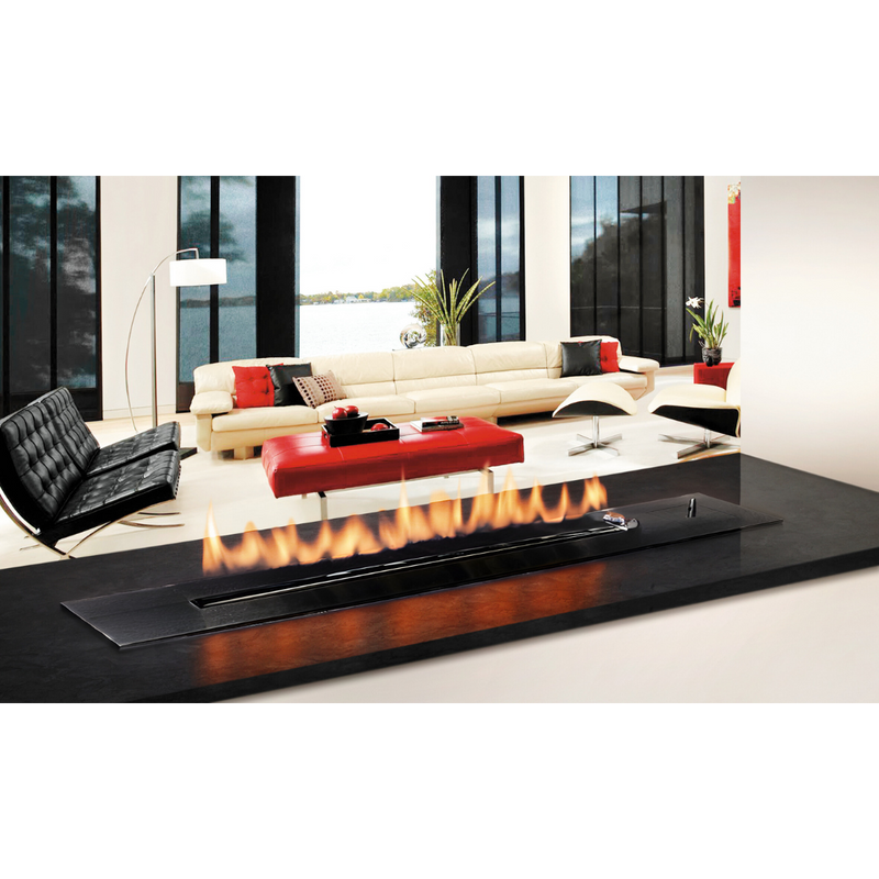 A modern black fireplace insert with a visible flame, installed in a stylish living room with a panoramic window overlooking a body of water.