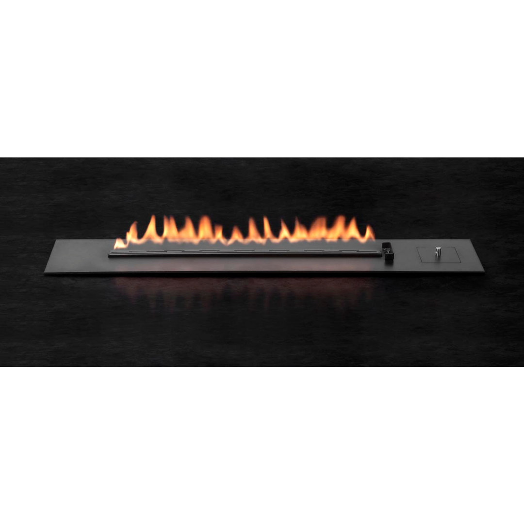 Black drop-in gas burners collection, sleek modern fireplace options.