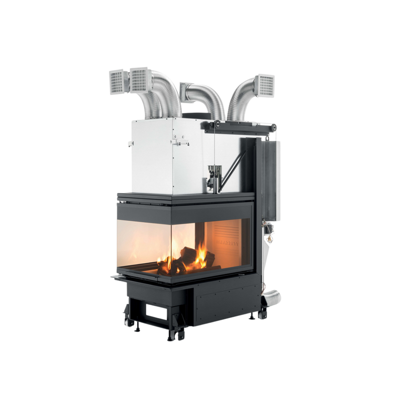 A modern wood-burning fireplace insert with a visible firebox and external ventilation system.