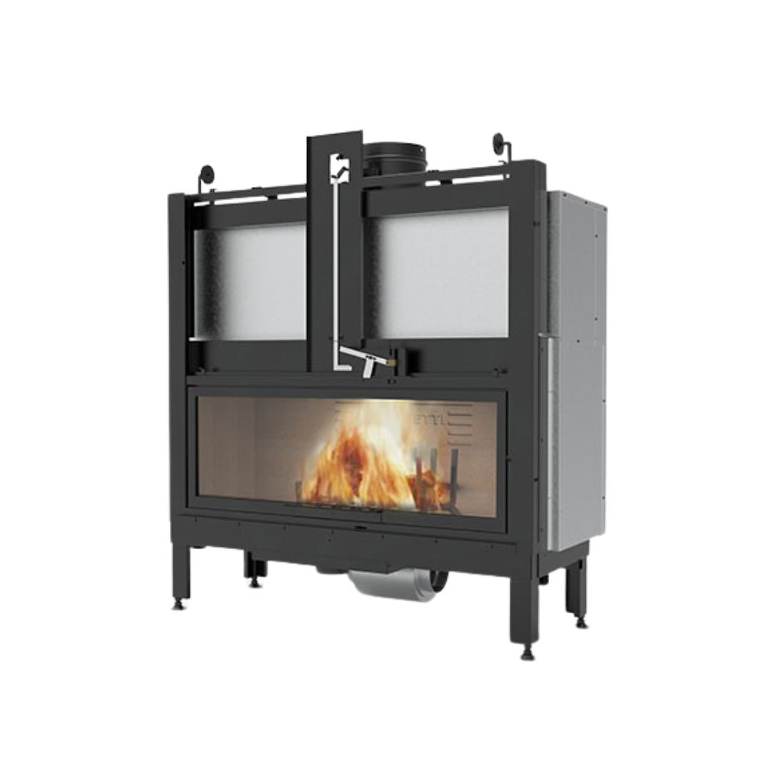 A modern wood stove with a black cast iron base and clear glass showing the flame inside.