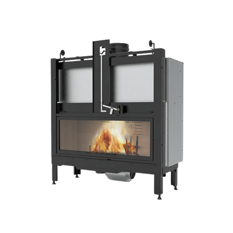 A modern wood stove with a black cast iron base and clear glass showing the flame inside.