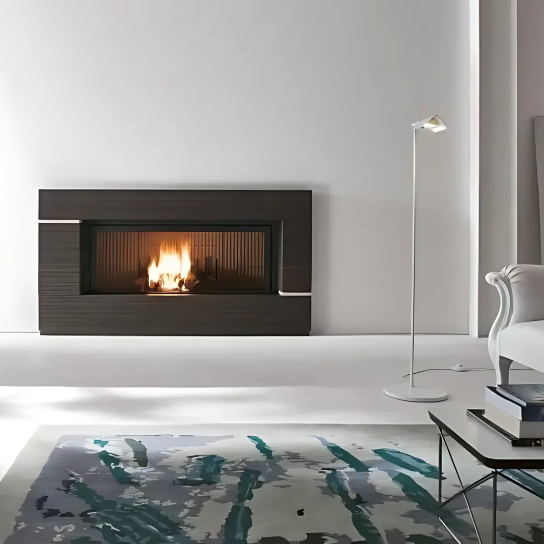 Ecomonoblocco MX25 fireplace shown in modern living room