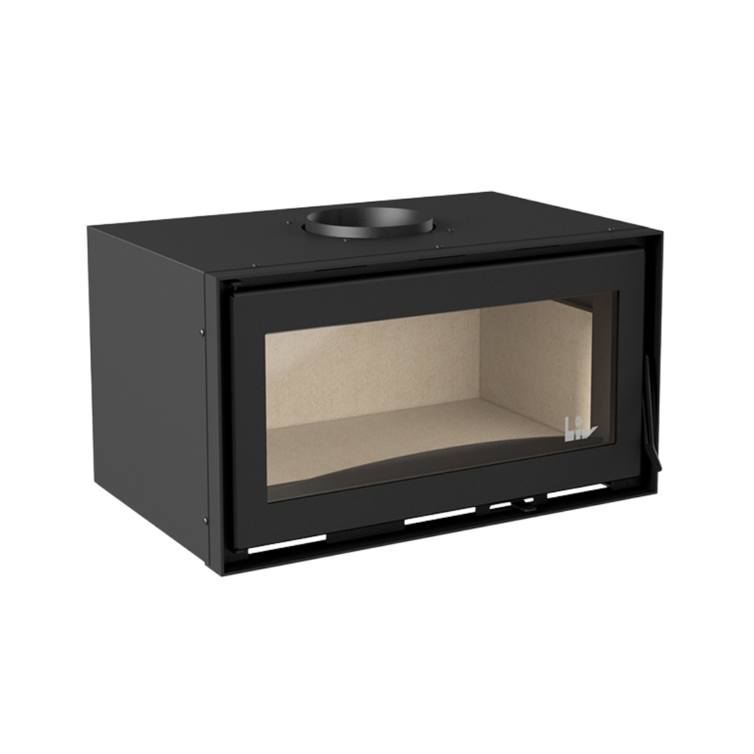 A black fireplace insert with a visible hearth and a glass door.