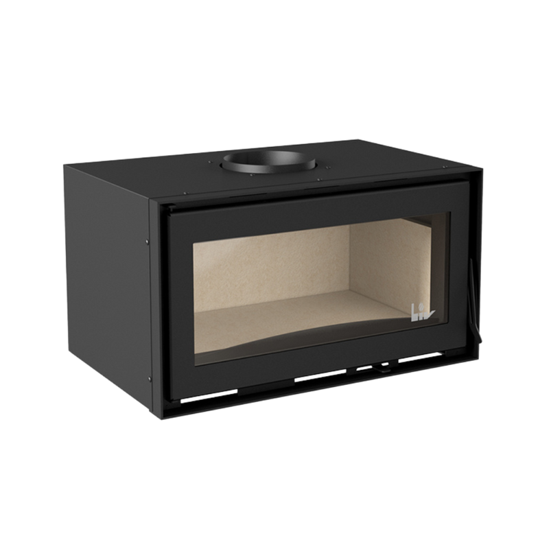 A black fireplace insert with a visible hearth and a glass door.