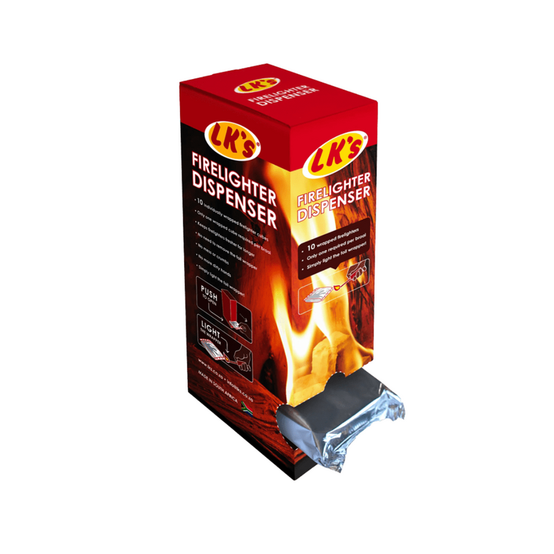 A red and black firelighter dispenser box with a visible wrapped firelighter block.