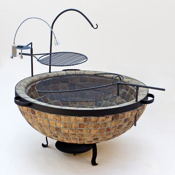 Outdoor fire pit with cooking grate and挂钩 on a white background
