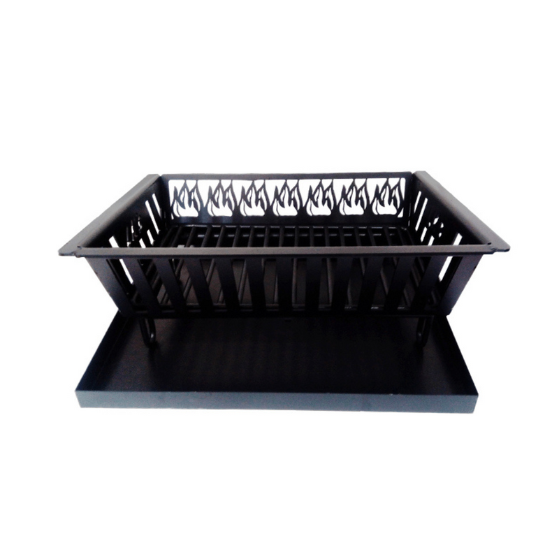 A black metal fireplace log burner and tray.