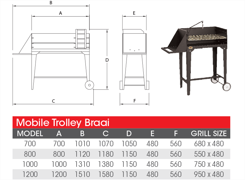 Mobile braai trolley full measurements diagram for planning, clearances and cabinetry fitment.