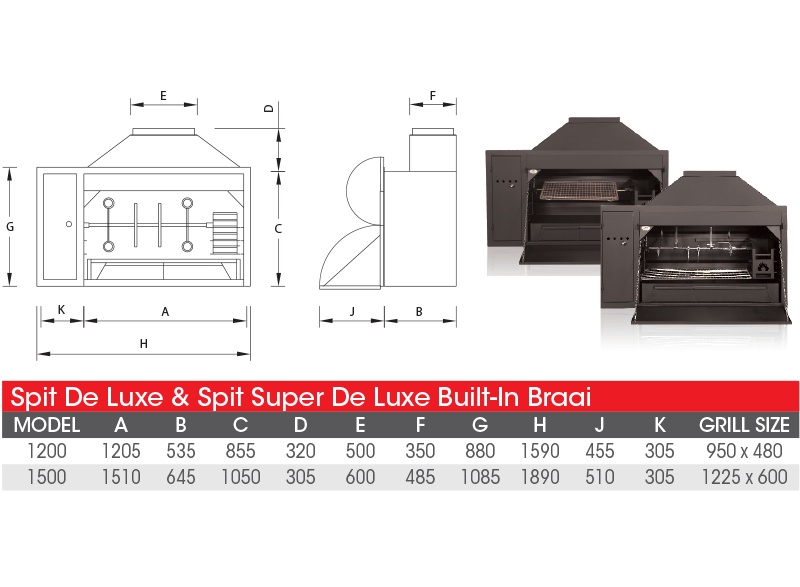 Contractor built in braai full measurement diagram with dimensions and options.