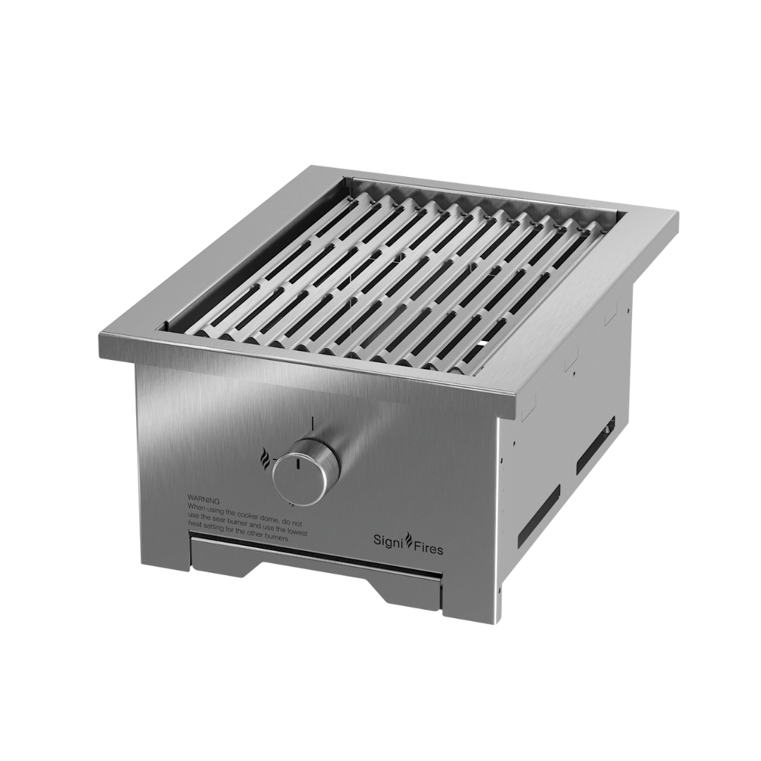 A built-in stainless steel braai grill with a closed lid, set against a white background.
