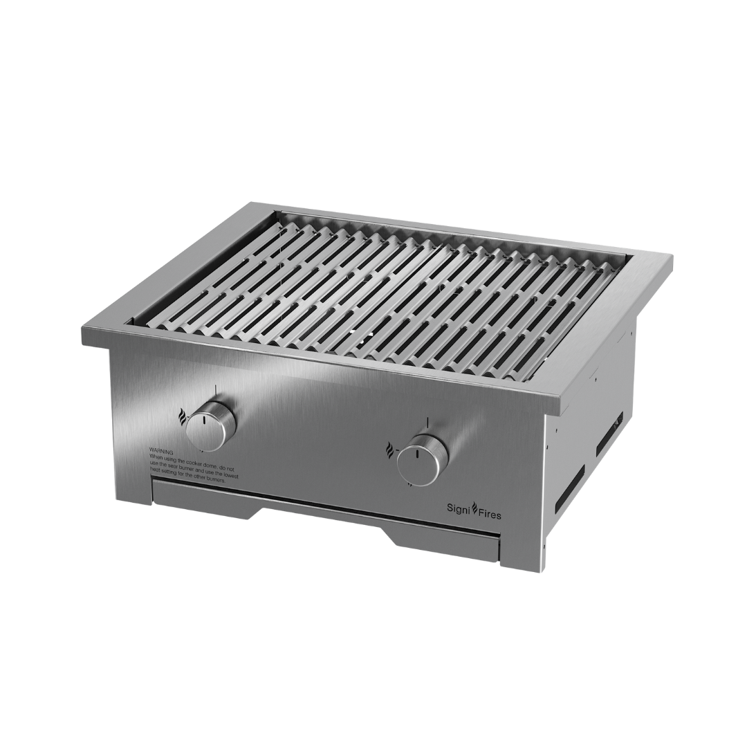 A built-in stainless steel braai grill with a closed lid, set against a white background.