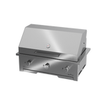 A built-in stainless steel gas braai with a closed sliding door and visible control knobs.
