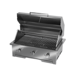 A built-in stainless steel gas braai with a closed sliding door and visible control knobs.
