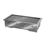 A built-in stainless steel gas braai with closed lid, displayed against a white background.