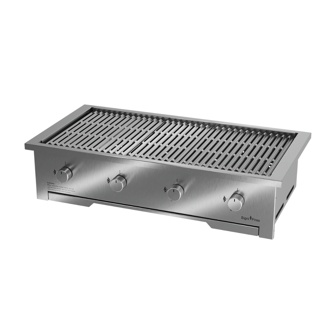 A built-in stainless steel gas braai with multiple burners and a closed lid.