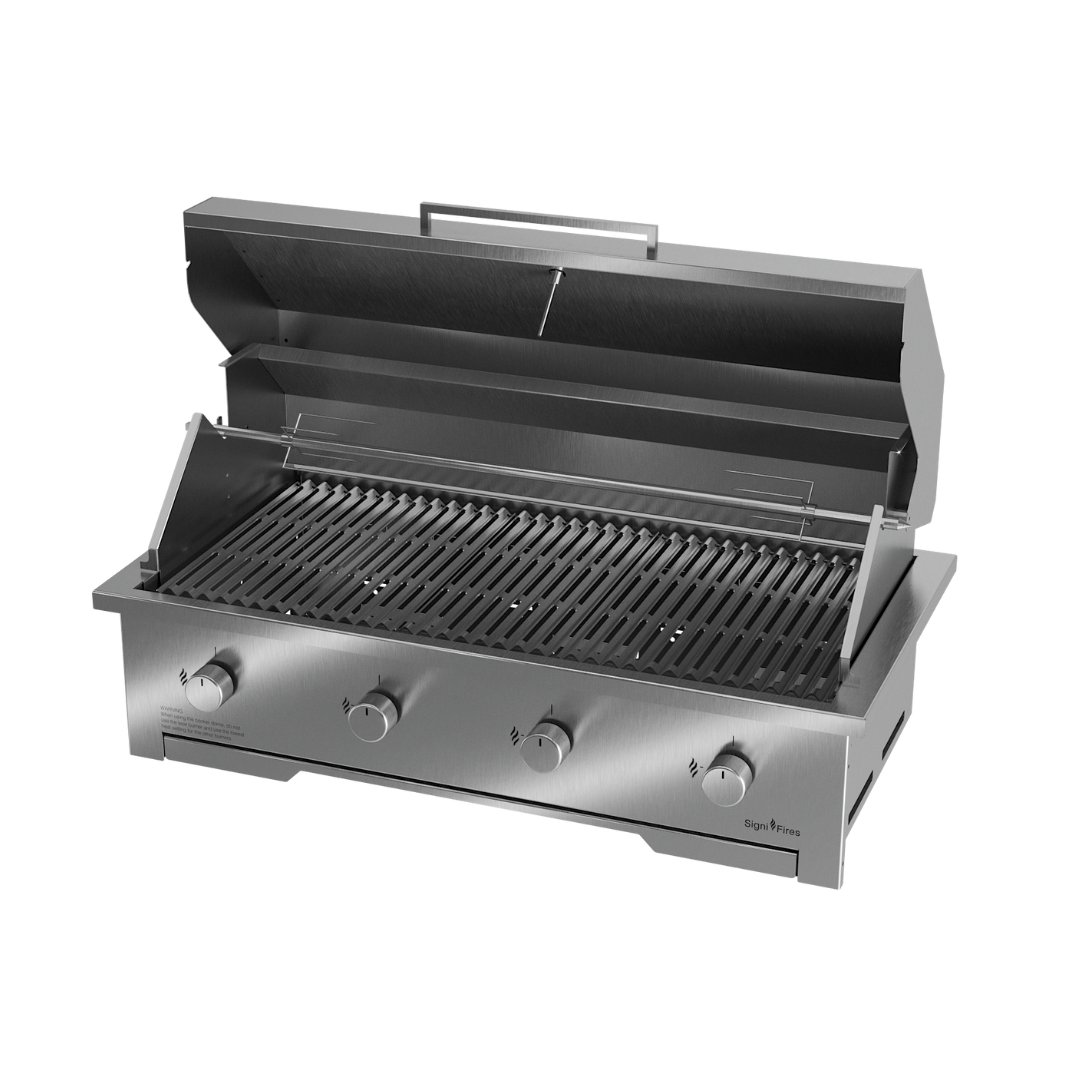 A built-in stainless steel gas braai with a closed sliding door and visible control knobs.