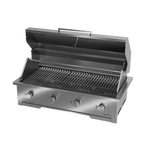 A built-in stainless steel gas braai with a closed sliding door and visible control knobs.