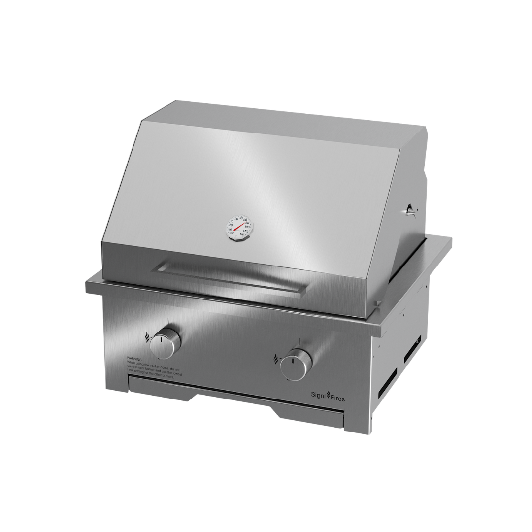 A built-in stainless steel braai grill with a closed lid, set against a white background.