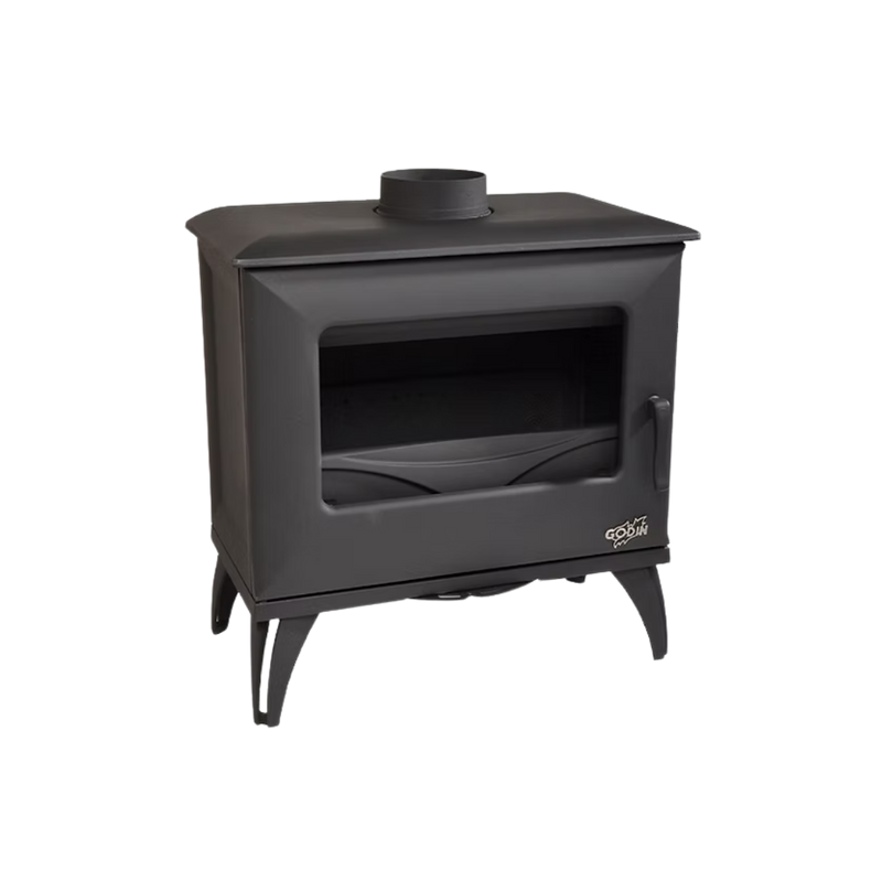 A black Godin Cube wood stove with a visible brand logo on the front, a window, and four legs.
