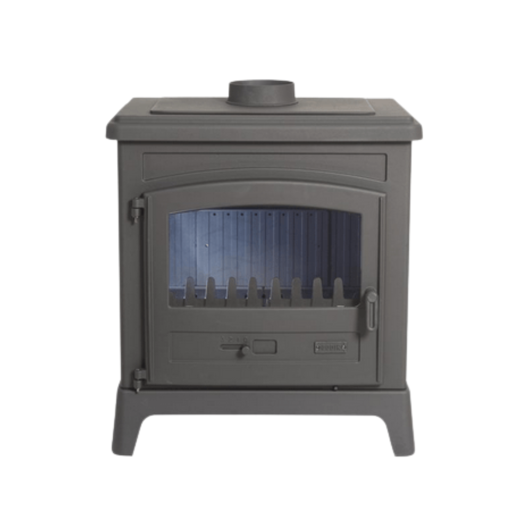 A black Godin Fonteval wood stove with a visible window and a closed door.
