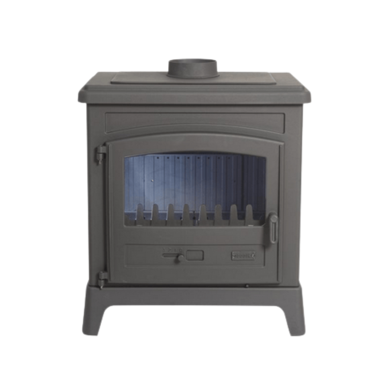 A black Godin Fonteval wood stove with a visible window and a closed door.