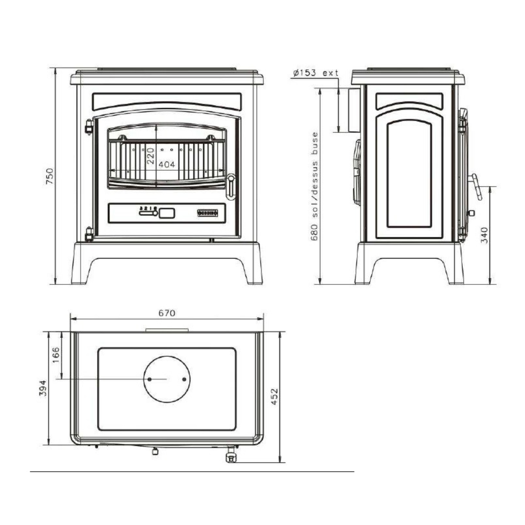 Godin Fonteval cast iron fireplace technical diagram and sizes