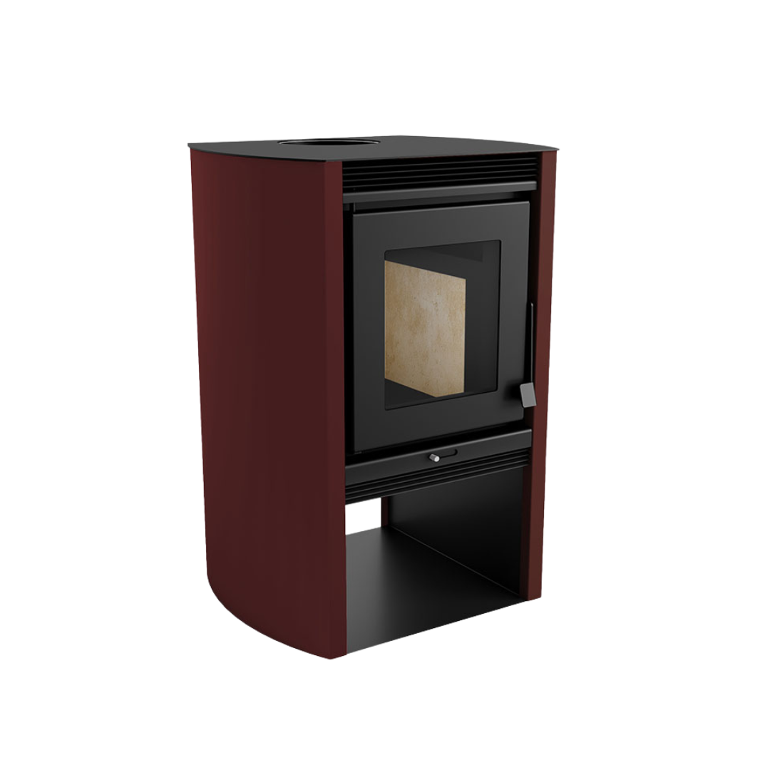 Graphite freestanding stove in red, bold color with efficient heating.