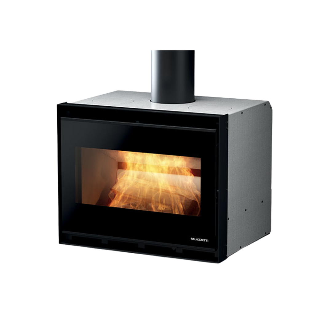 A black wood stove with a visible firebox through a glass panel, with a cast iron base and a removable door handle.