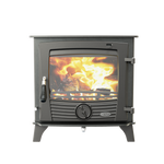 A freestanding, modern style wood-burning stove with a visible fire through the glass door.