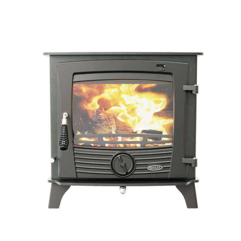A freestanding, modern style wood-burning stove with a visible fire through the glass door.