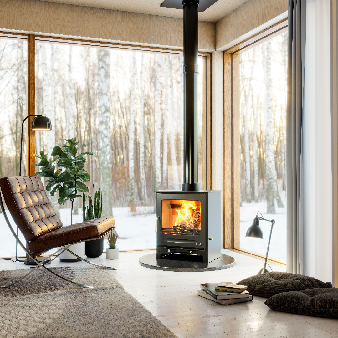 Henley Sherwood 12 stove in lifestyle setting, powerful wood burning heater.