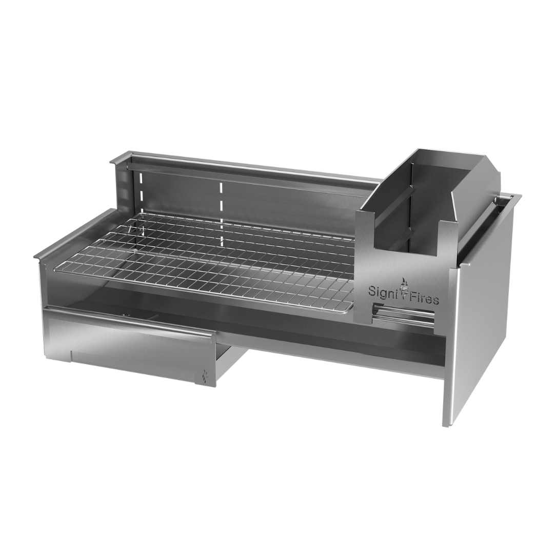 A built-in stainless steel braai grill with a closed lid, set against a white background.