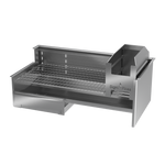 A built-in stainless steel braai grill with a closed lid, set against a white background.