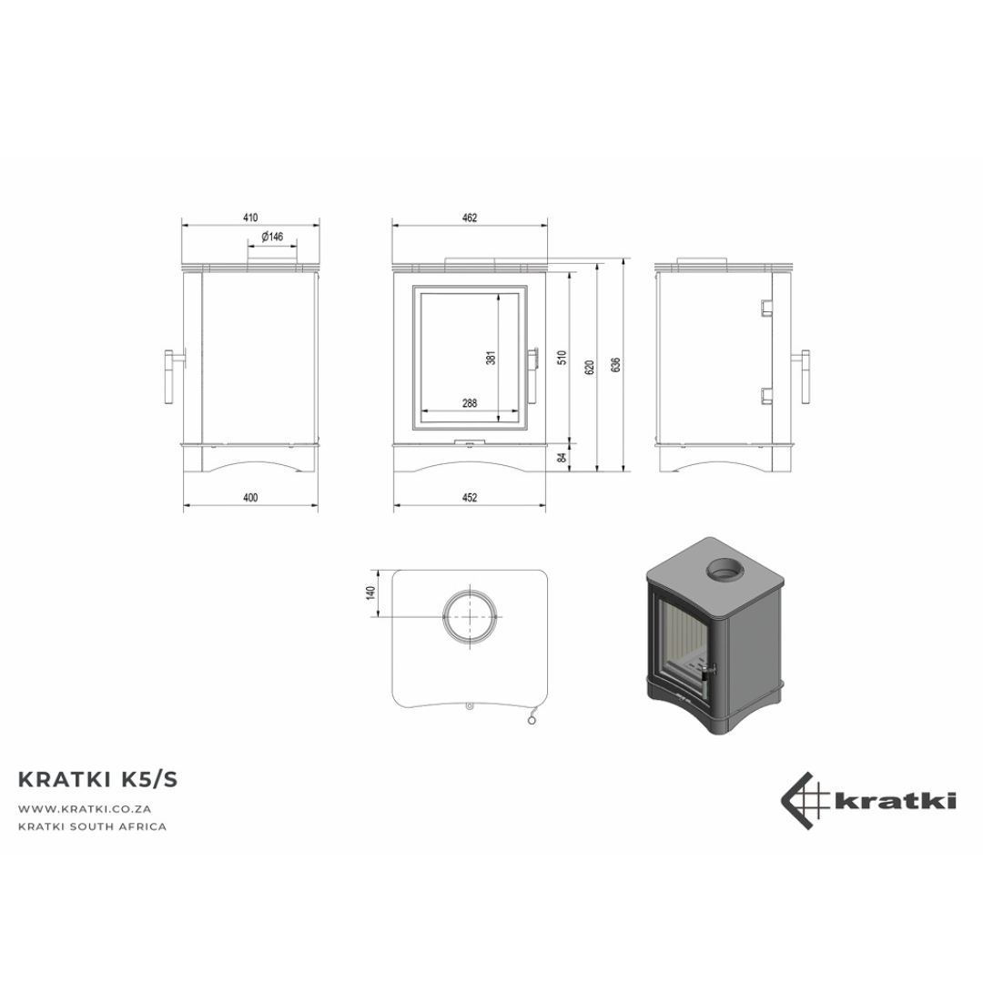 Kratki K5 wood fireplace dimensions diagram, technical specs
