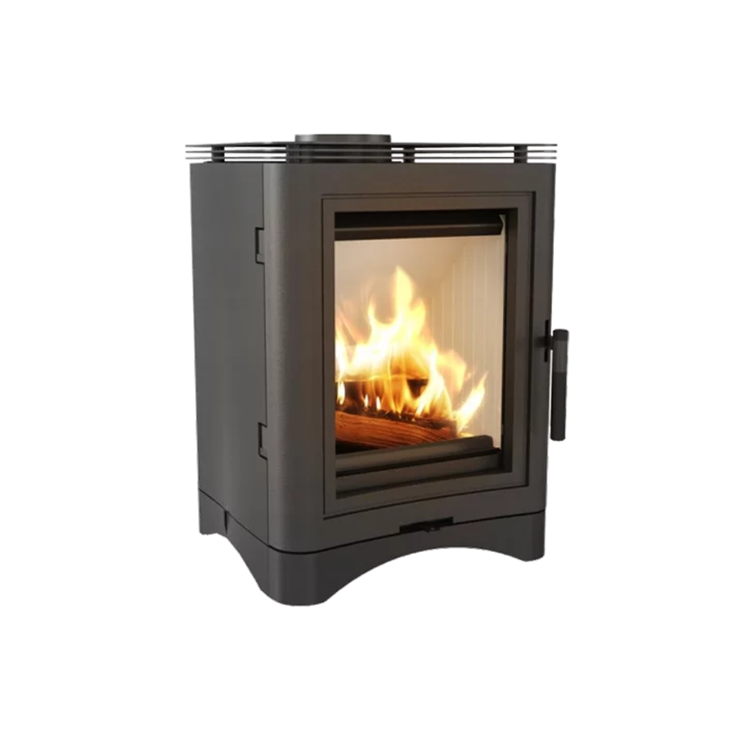 A black freestanding wood-burning stove with a visible fire through the glass door.