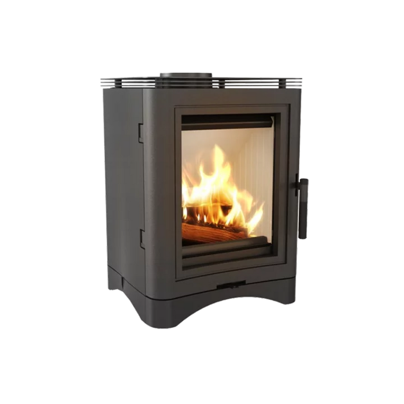 A black freestanding wood-burning stove with a visible fire through the glass door.