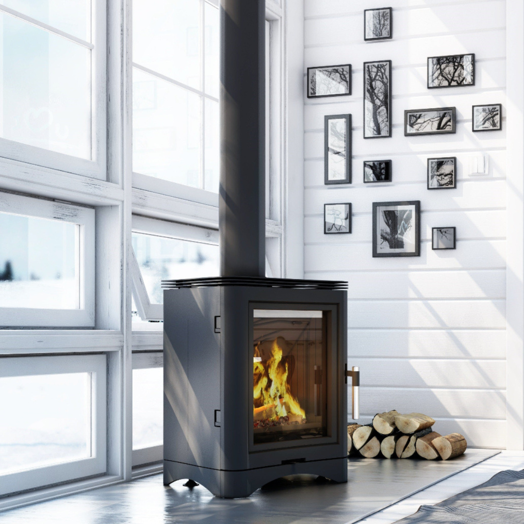 Kratki K5 S fireplace lit in Scandinavian living room, lifestyle