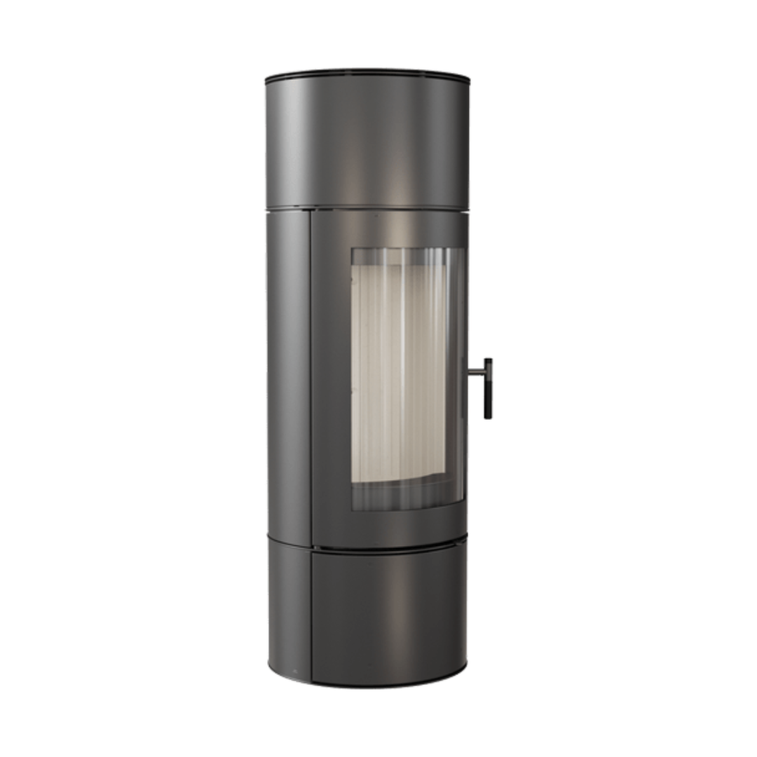 A freestanding, cylindrical black fireplace with a visible ceramic lining and a small window.