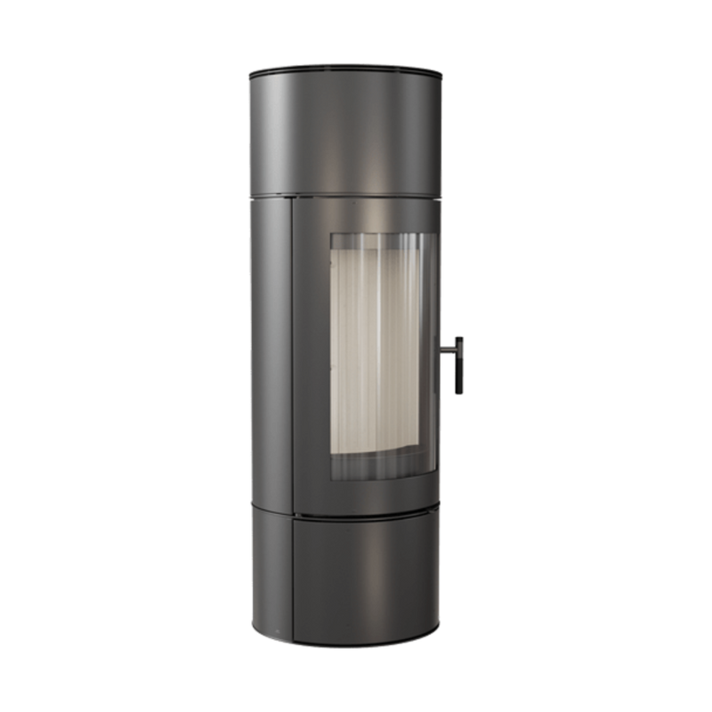 A freestanding, cylindrical black fireplace with a visible ceramic lining and a small window.