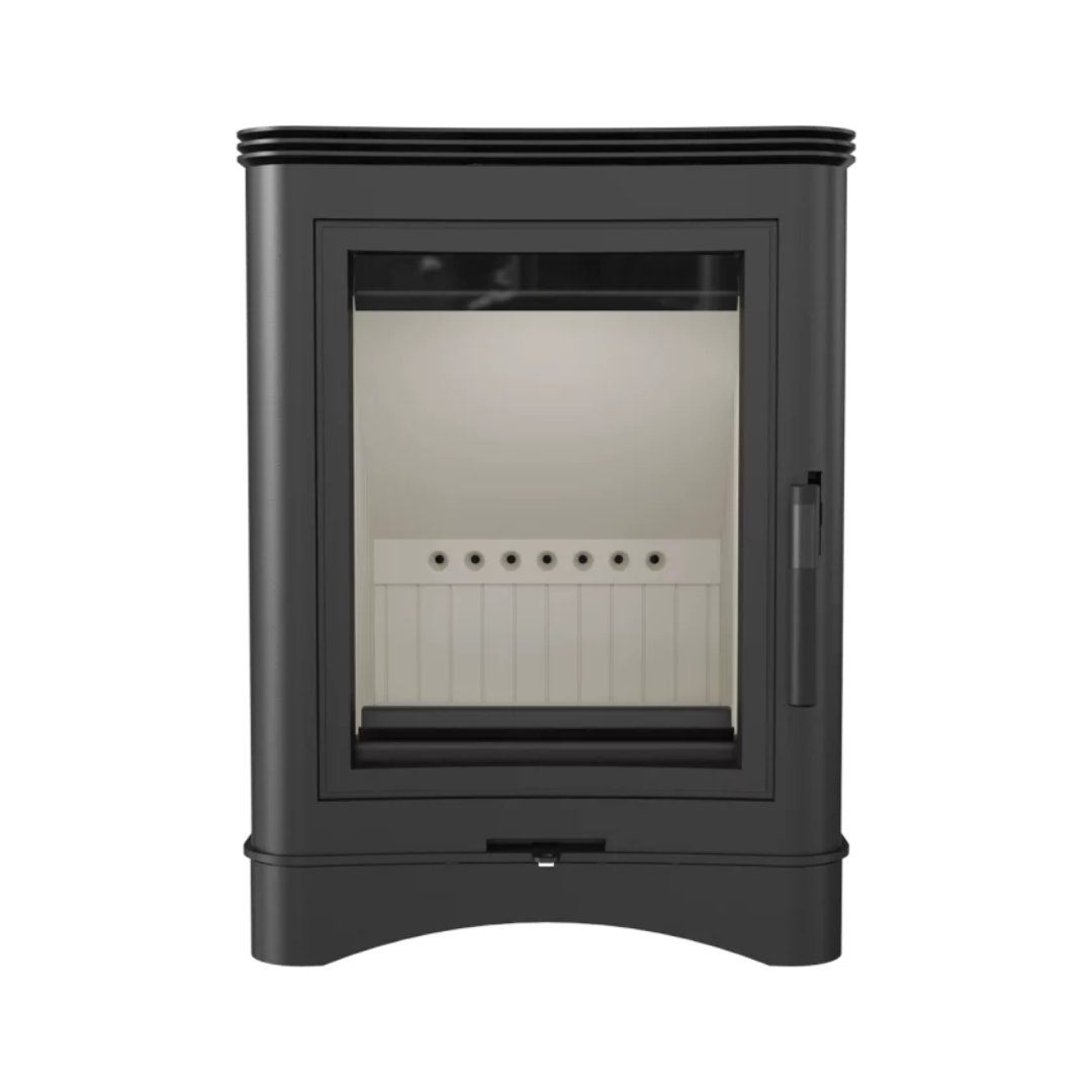 Kratki K5 S compact cast iron wood stove with clear glass window