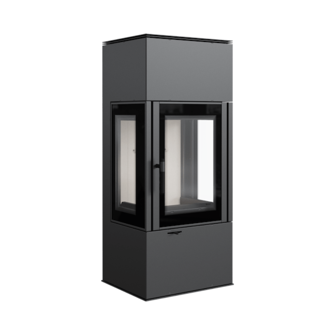 A freestanding black fireplace with a visible combustion chamber and glass doors.