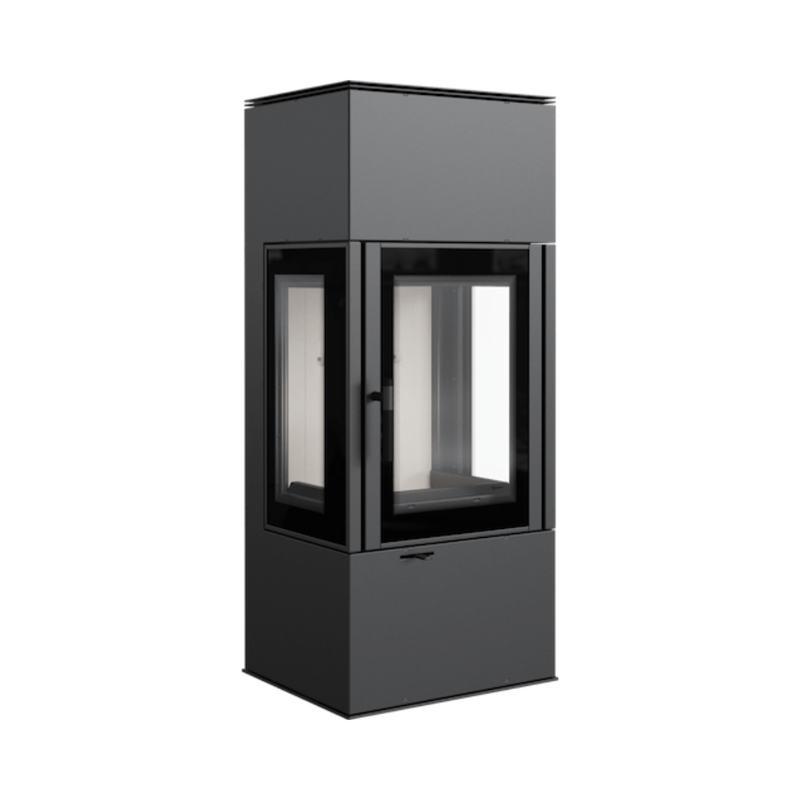 A freestanding black fireplace with a visible combustion chamber and glass doors.