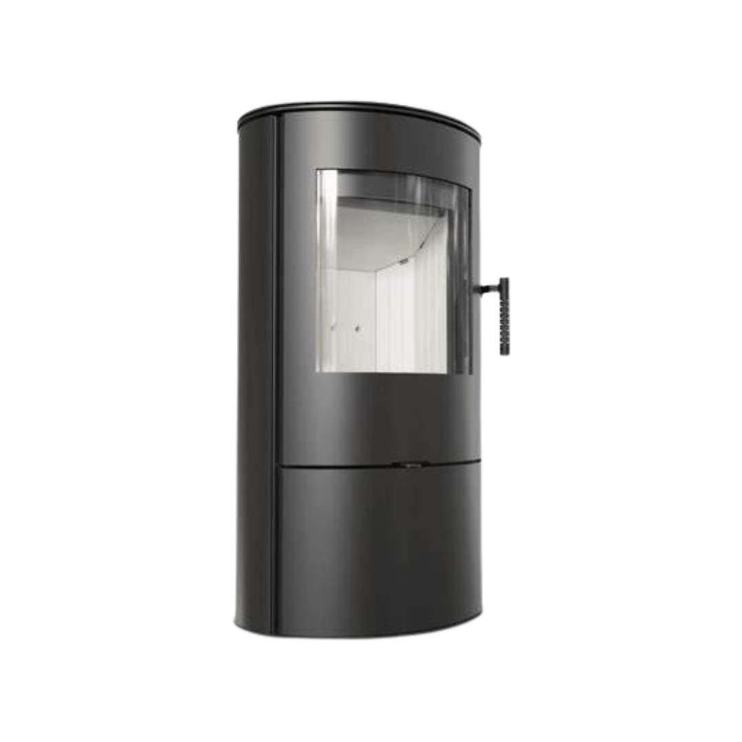 A black freestanding wood-burning fireplace with a visible curved glass door and a flue pipe on the side.